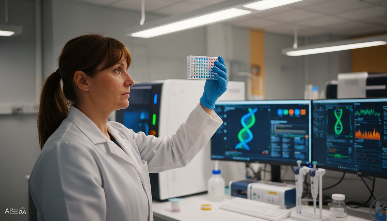 Scientist examining samples in Calivanta BioPharma genomics laboratory